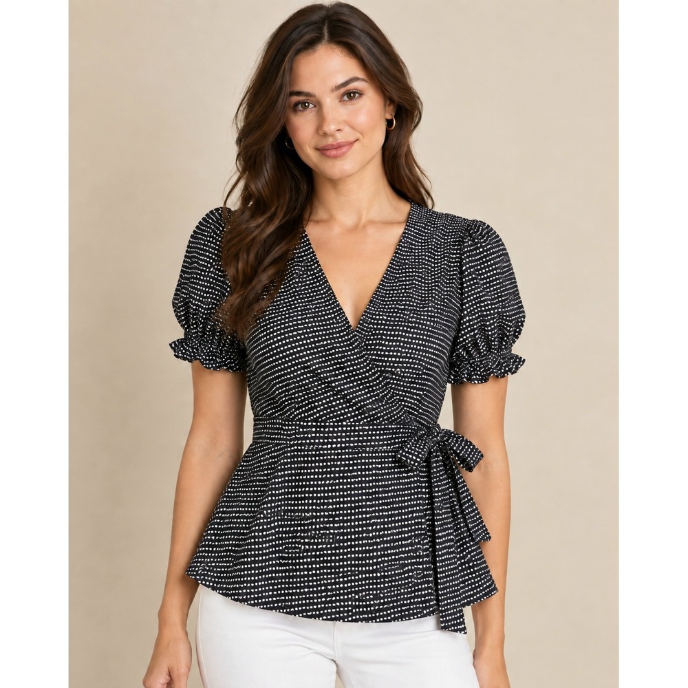 Alex Parker Black White Geometric Faux Wrap Puff Sleeve Top Small